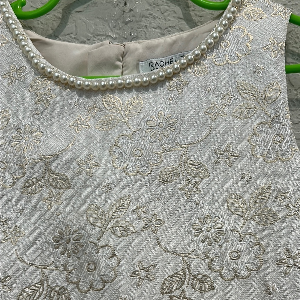 Rachel Zoe cream and gold floral Sheath Dress Sleeveless pearls around Crew Neck - Picture 4 of 10